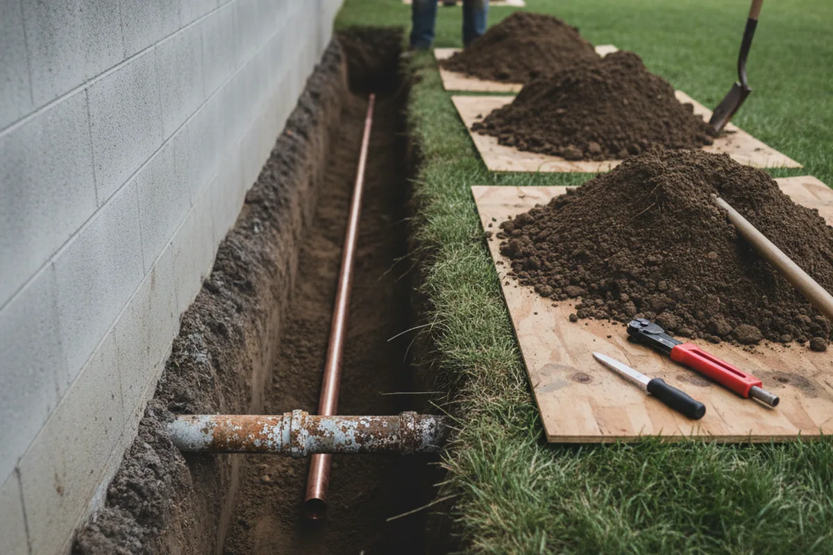 Excavated water line trench during Water Softener Installation in Cashion